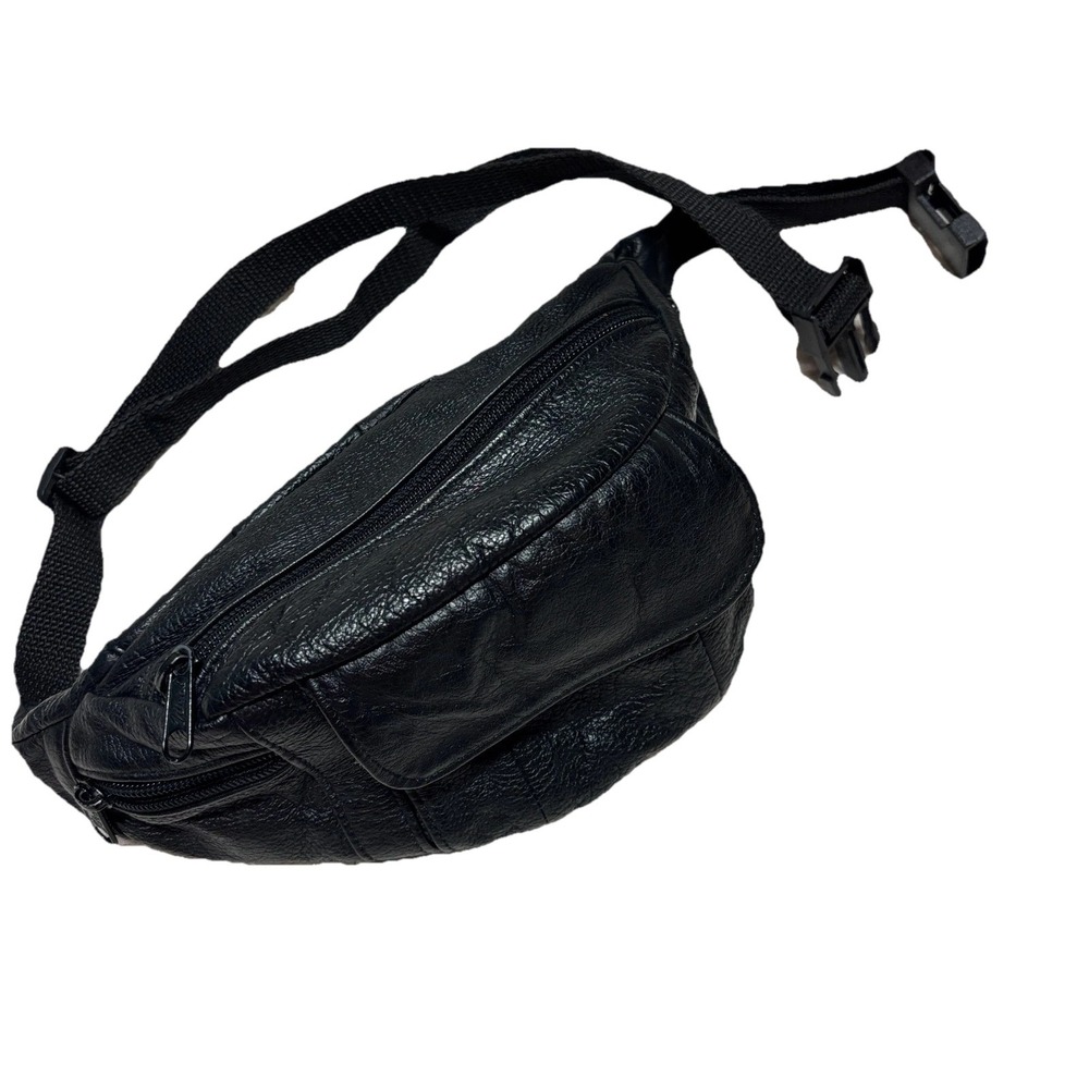 Genuine Leather Fanny Pack Black Solid Multiple Pockets Waist Bag VTG